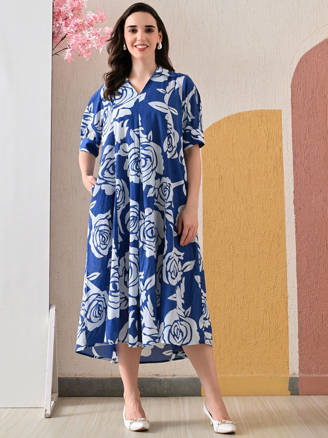 Pinly Women Floral Printed Shirt Collar Puff Sleeves Shift Midi Dress