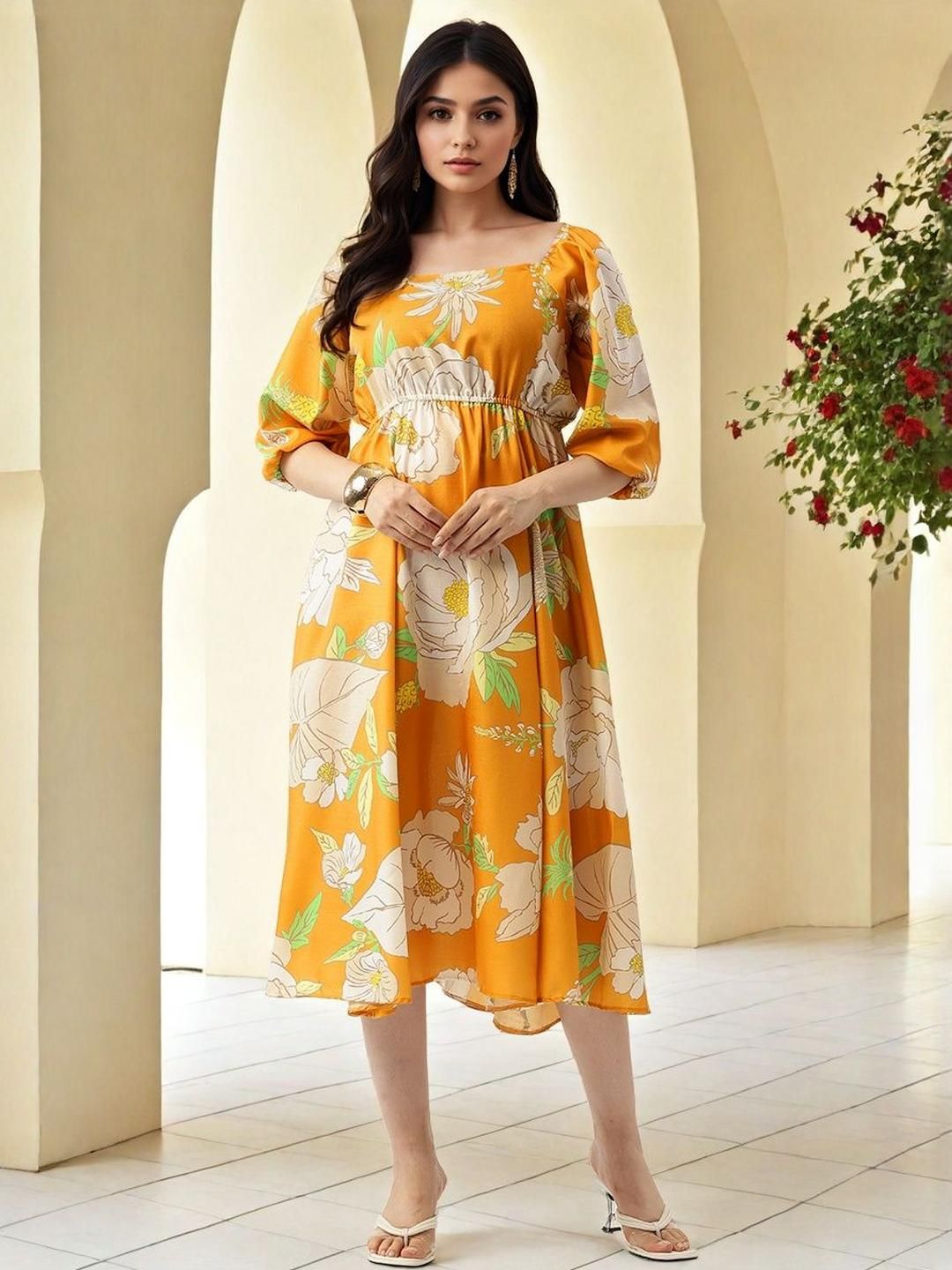 SZN Floral Printed Puff Sleeves Cotton Fit & Flare Midi Dress