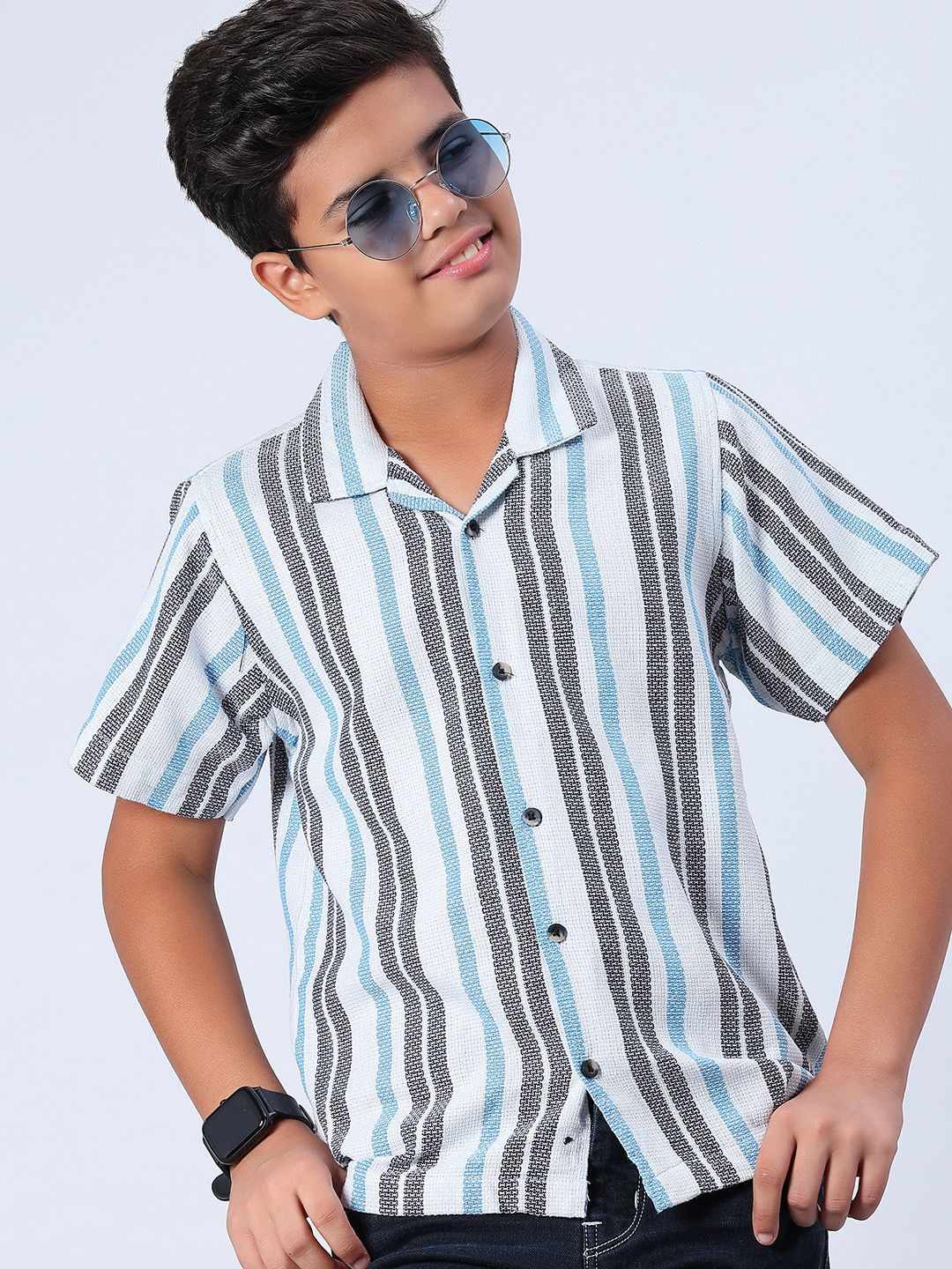 V-Mart Boys Vertical Striped Cuban Collar Cotton Casual Shirt