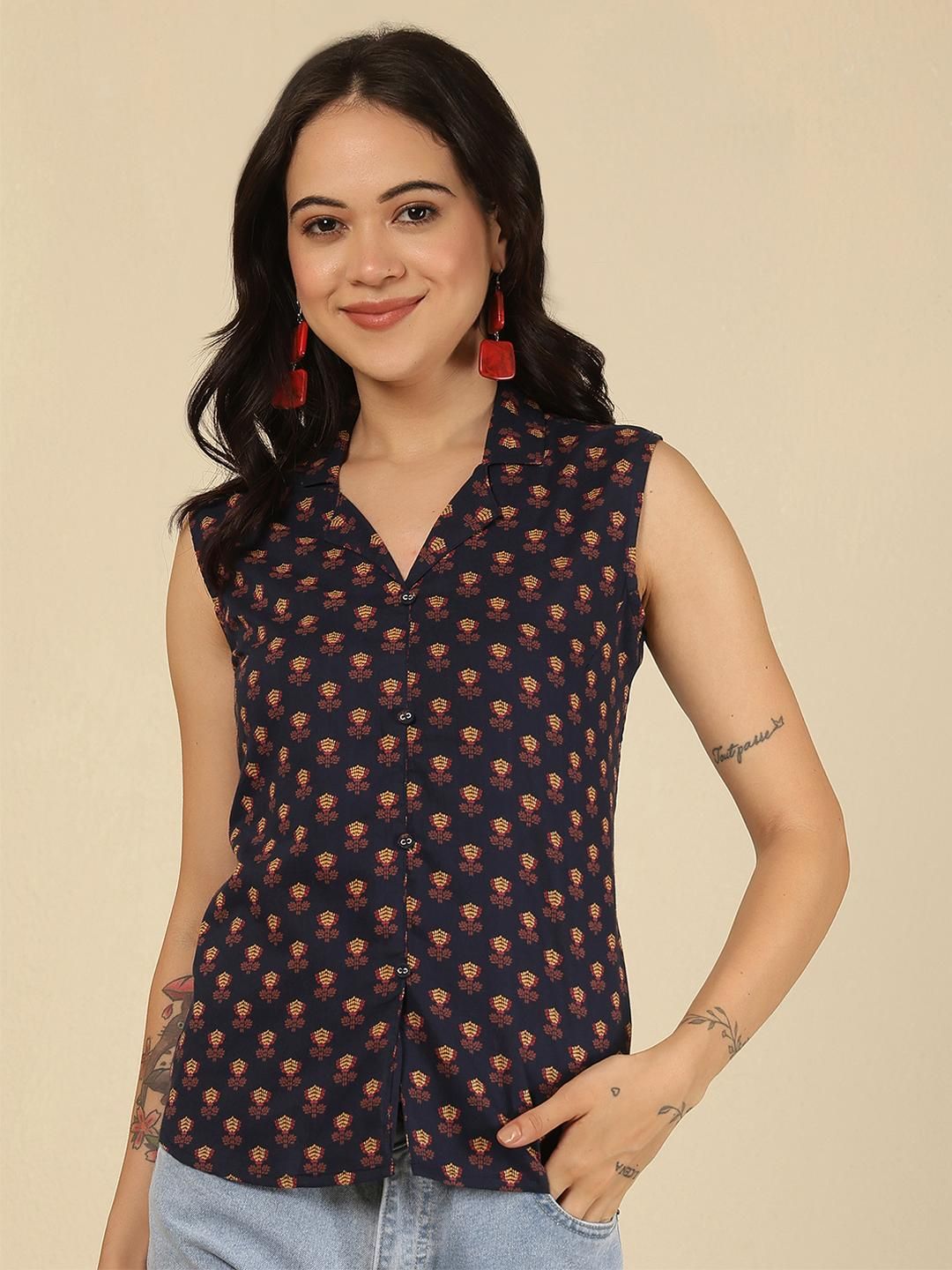 SZN Women Blue Cotton Printed Tops-image-44
