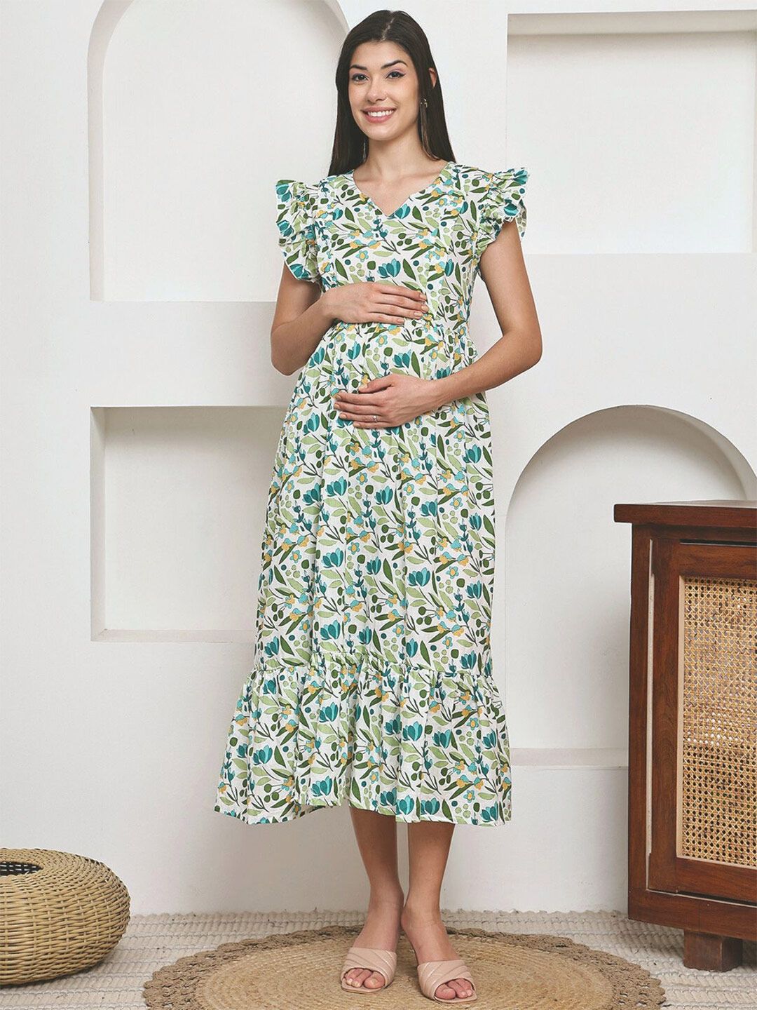 Frempy Floral Printed Pure Cotton Maternity Fit & Flare Midi Dress