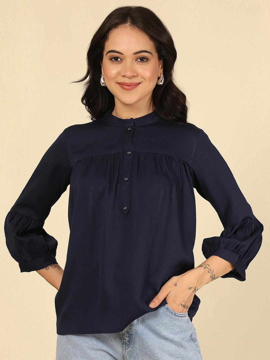 SZN Women Navy Blue Polyester Solid Tops-image-7
