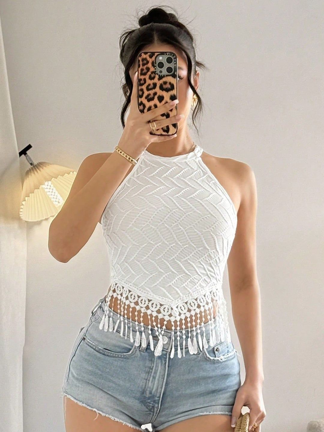 Outzidr Women Halter Neck Tassel Hanging Crop Top-picture-16