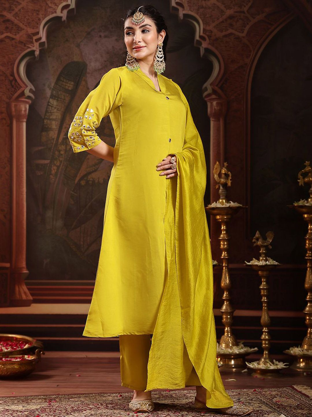 Stylum Shawl Collar A-Line Kurta With Trousers & Dupatta