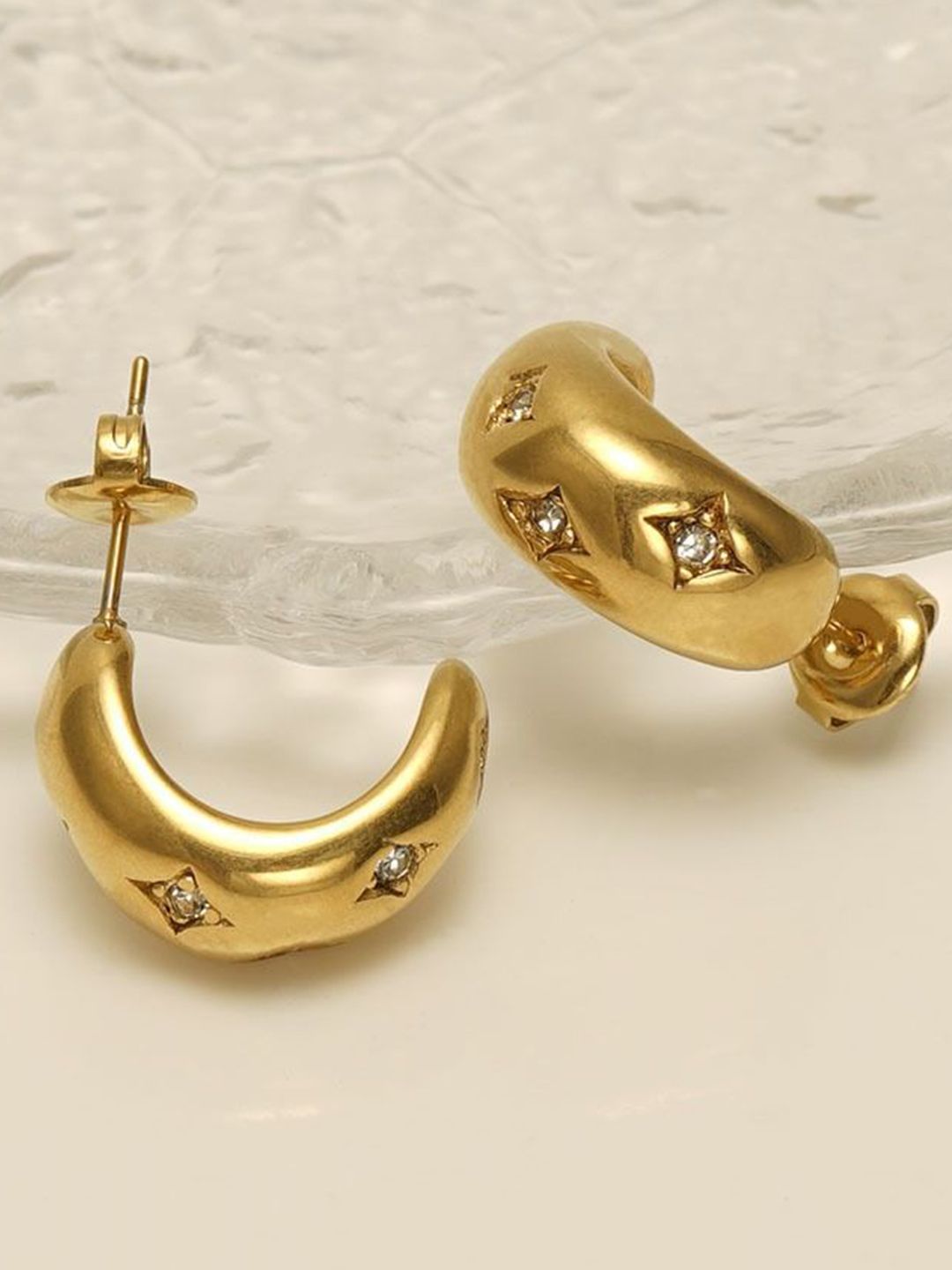 VIEN Stainless Steel 18K Gold-Plated Stones Studded Chunky Contemporary Half Hoop Earrings-picture-17