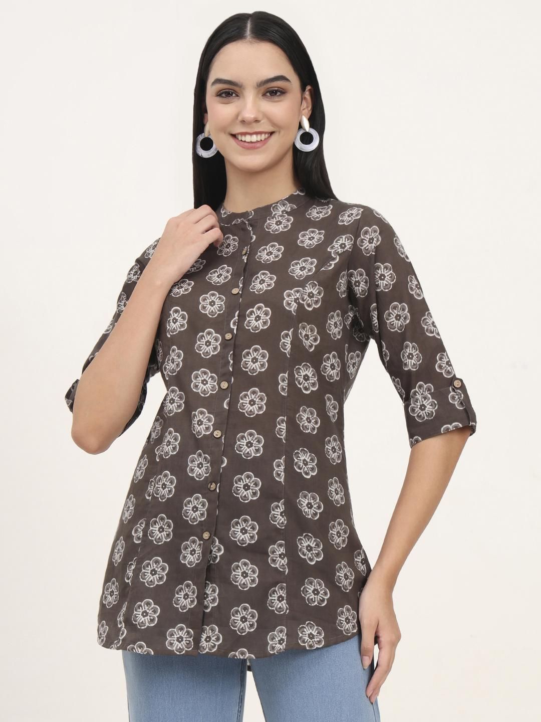 KALINI Women Grey Floral Print Mandarin Collar Roll-Up Sleeves Cotton A-Line top-picture-12