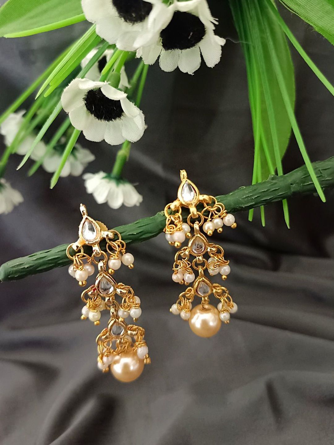 Sanjog Gold-Plated Kundan Studded & Artificial Beaded Pearl Drop Earrings-picture-14