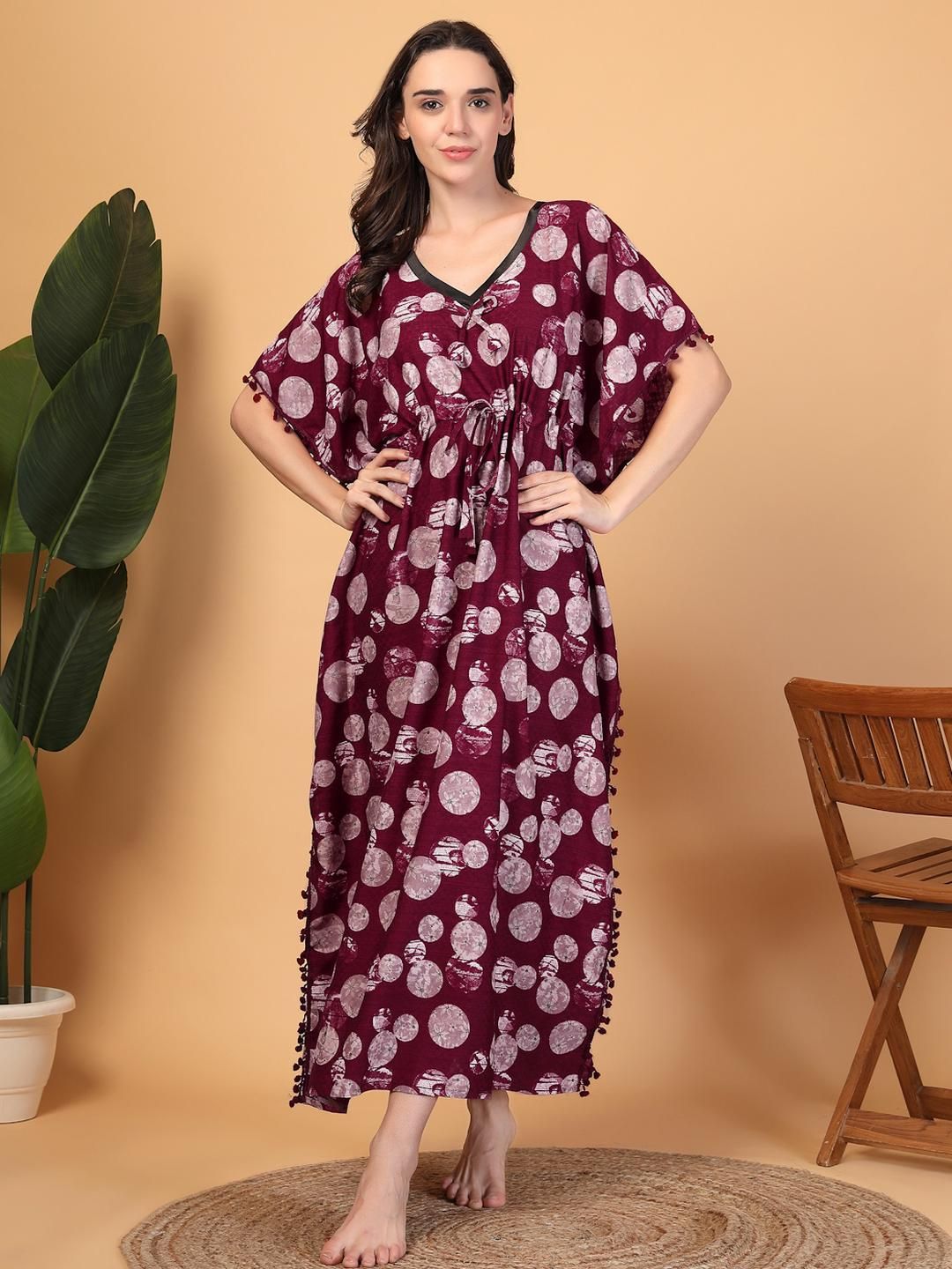 KLOTTHE Women Red Floral Cotton Blend Kaftan Maxi Nightdress-picture-14