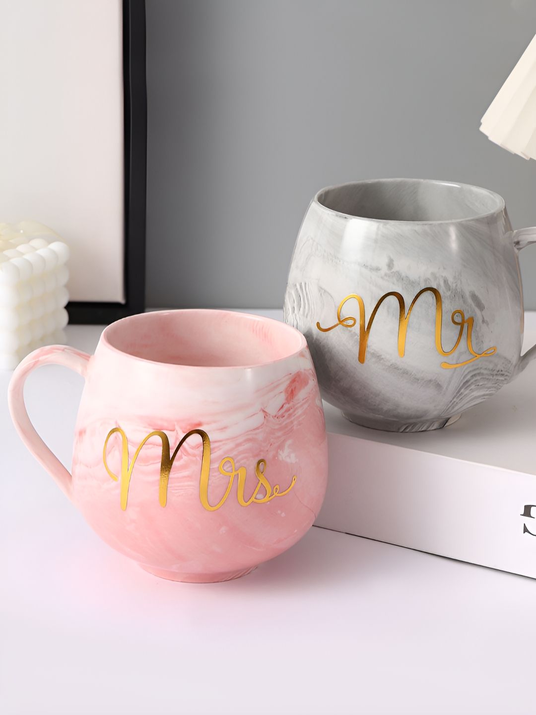 TIED RIBBONS Pink & Grey Printed Ceramic Glossy Mugs Set of Cups and Mugs-image-47