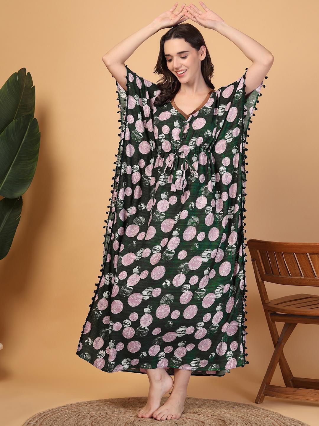 KLOTTHE Women Green Floral V-Neck Cotton Blend Kaftan Maxi Nightdress-picture-14