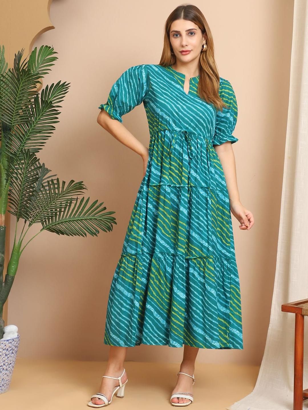 Aawari Women Floral Printed Puff Sleeve Jacquard Fit & Flare Maxi Dress-picture-12