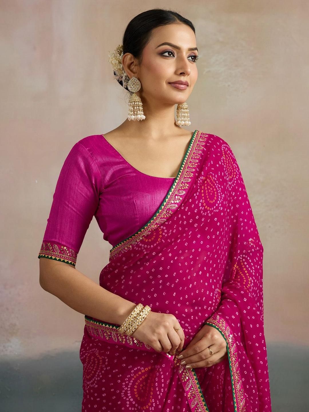 Mitera Bandhani Printed Sequinned Pure Georgette Bandhani Saree