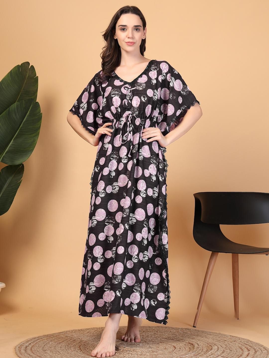 KLOTTHE Women Brown Floral Cotton Blend Kaftan Maxi Nightdress-picture-24