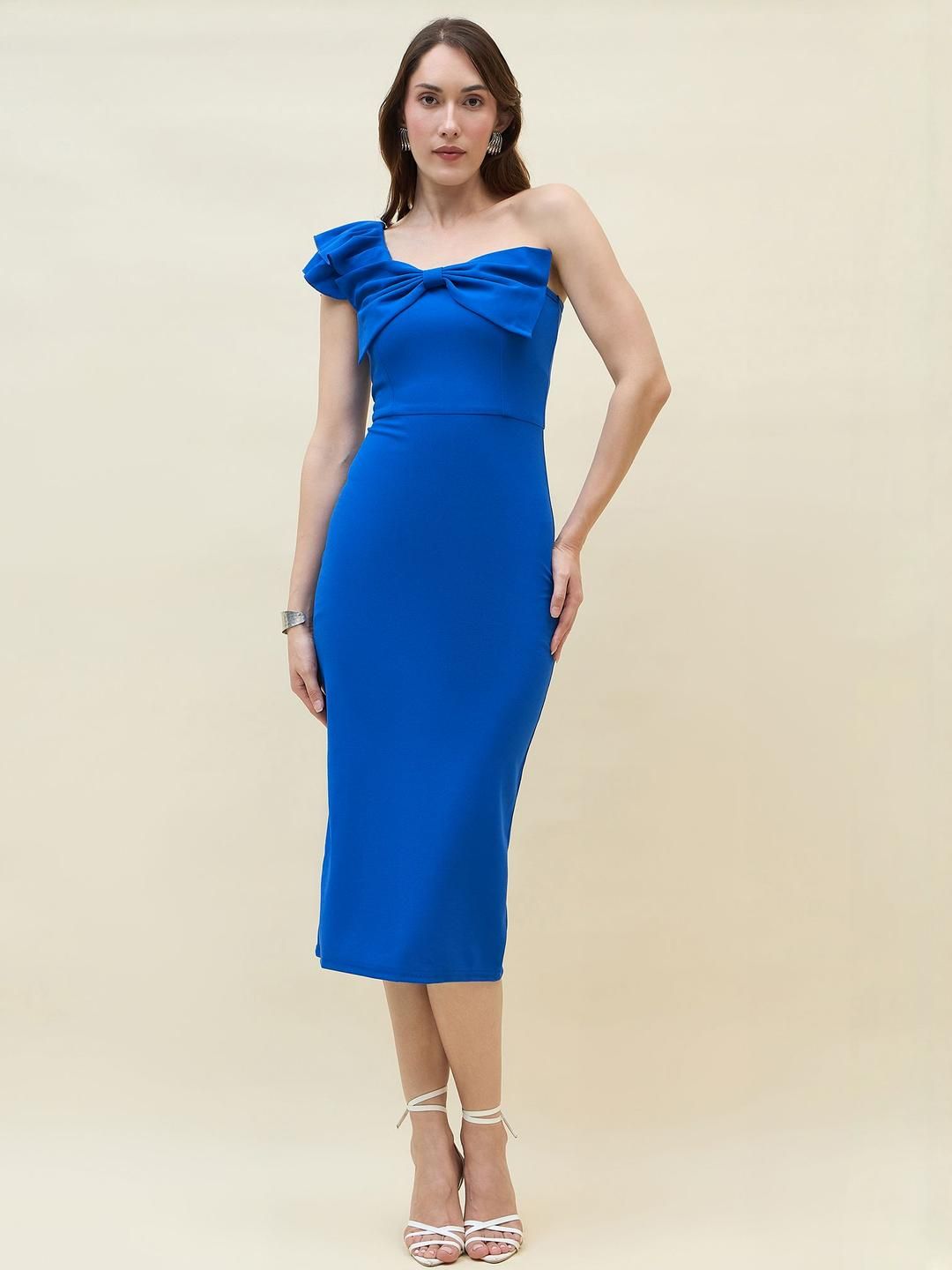 aayu Women One Shoulder Bow Bodycon Midi Dress-picture-30
