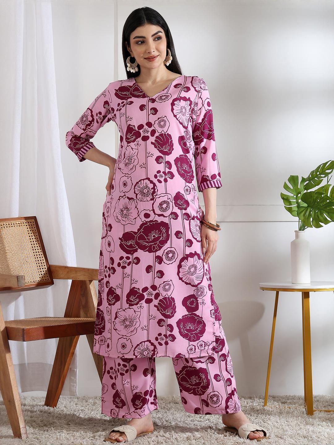 Moda Rapido Women Pink Viscose Rayon Kurta Sets