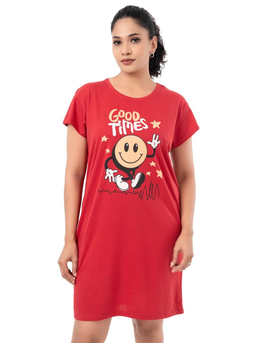 Digsel Cool Cotton Women Red Short Sleeves Round Neck Printed Pure Cotton Nightdress-picture-11