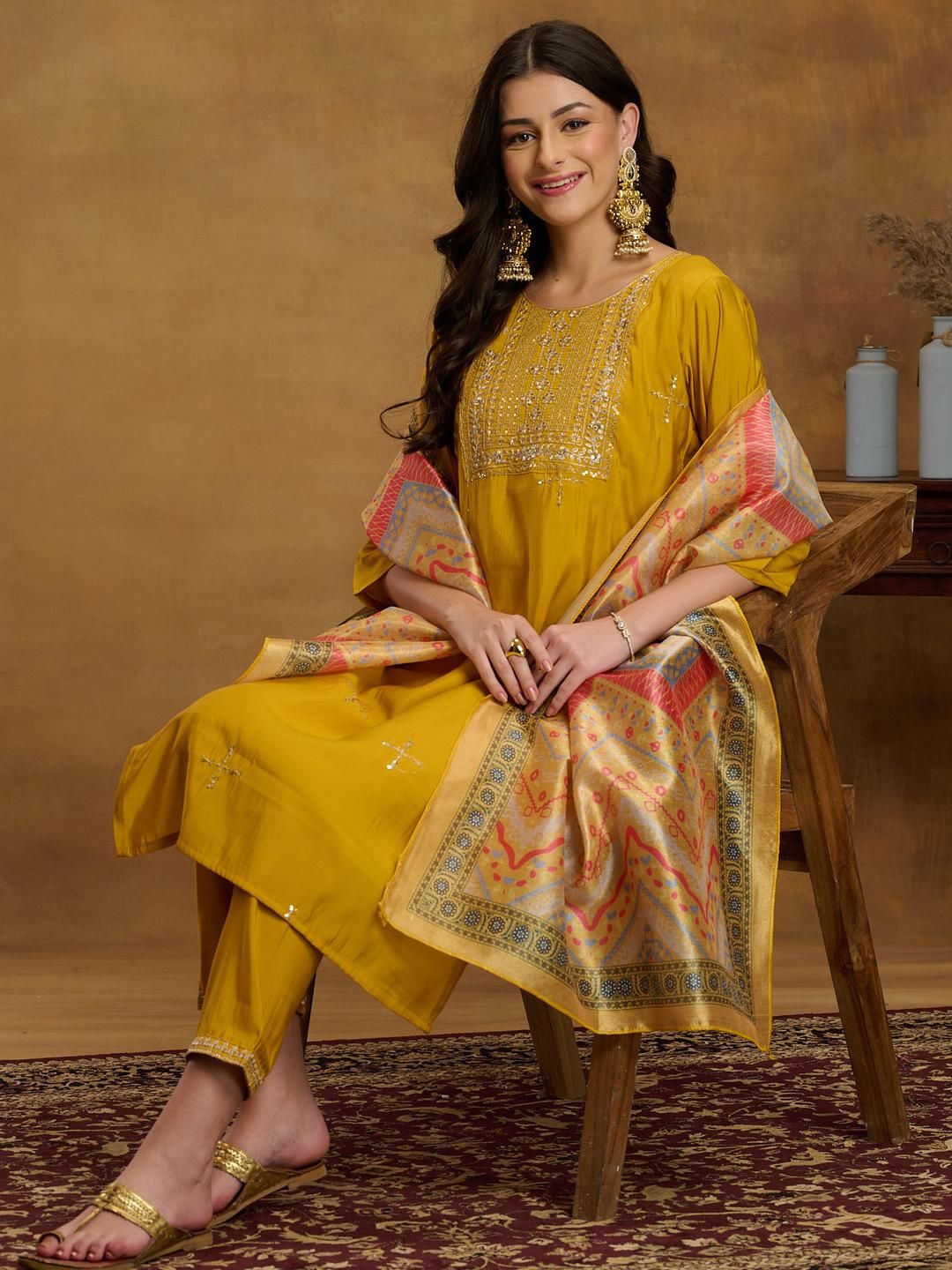 Sangria Women Yellow Silk Blend Festive Kurta Sets