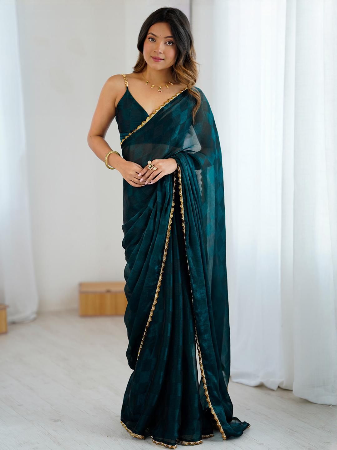 Anouk Teal Embellished Pure Chiffon Sarees-picture-40
