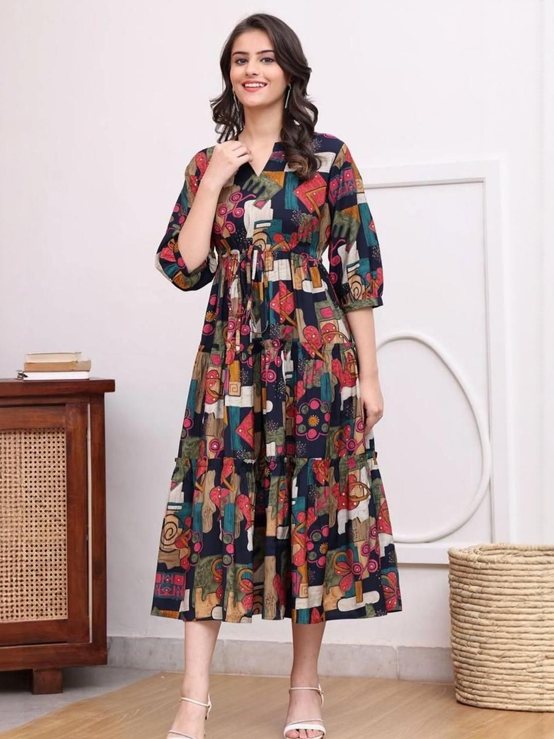 Suha Abstract Printed Puff Sleeve Fit & Flare Midi Dress