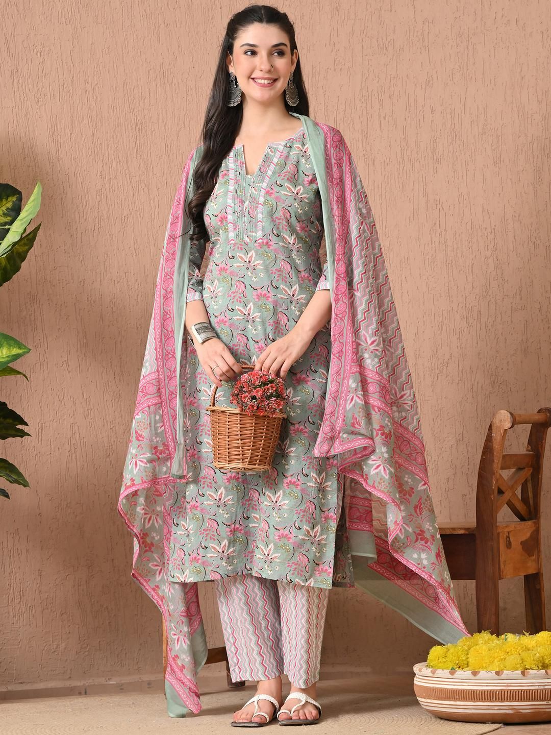 Anouk Women Grey Pure Cotton Kurta Sets