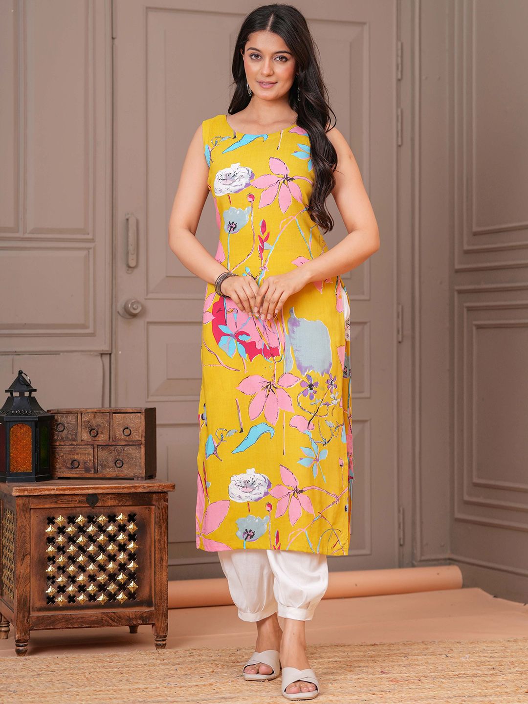 KALINI Floral Printed Sleeveless Straight Kurta With Harem Pants