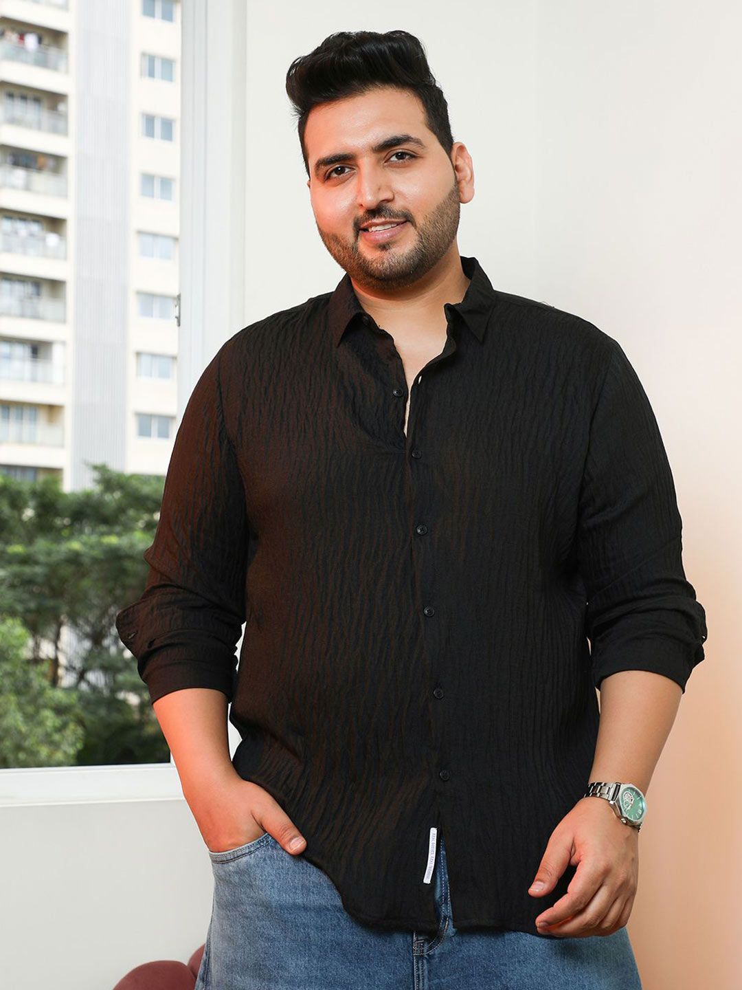 Instafab Plus Men Plus Size Comfort Fit Textured Spread Collar Casual Shirt-picture-35