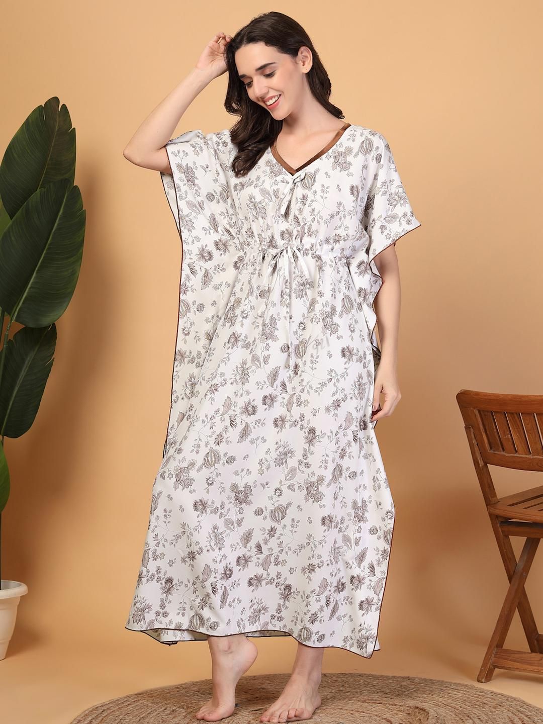 KLOTTHE White Floral Cotton Blend Kaftan Maxi Nightdress-picture-10
