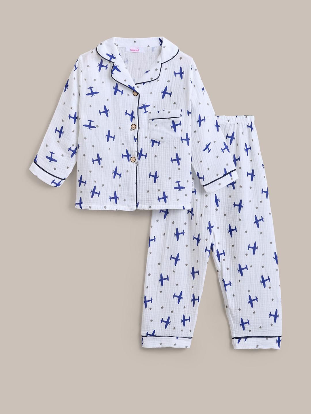 Hopscotch White Cotton Blend 2 Pc Aeroplane Print Shirt & Pajama Night suits-picture-49