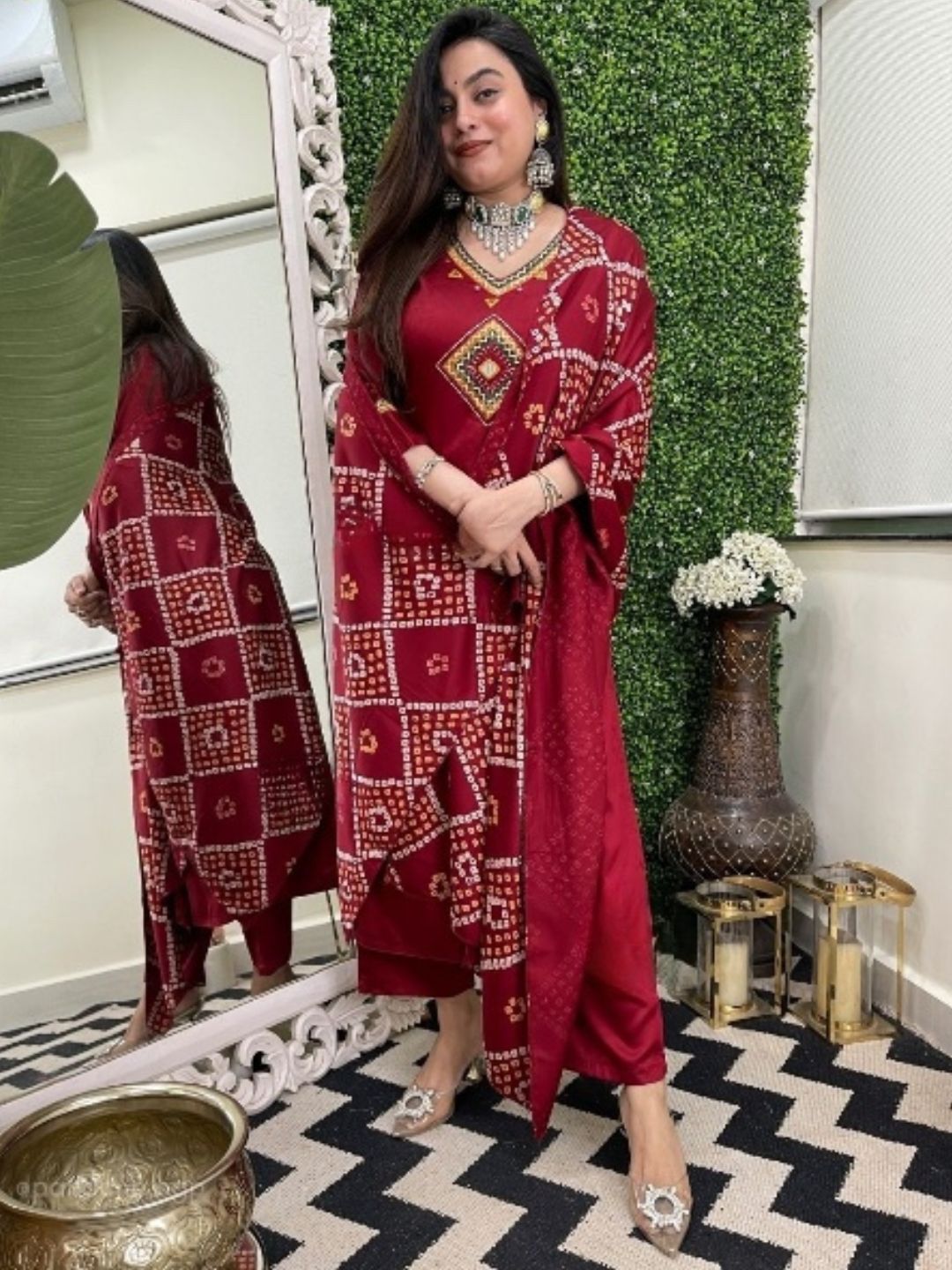 KALINI Bandhani Embroidered Thread Work Chanderi Silk Kurta With Trousers & Dupatta