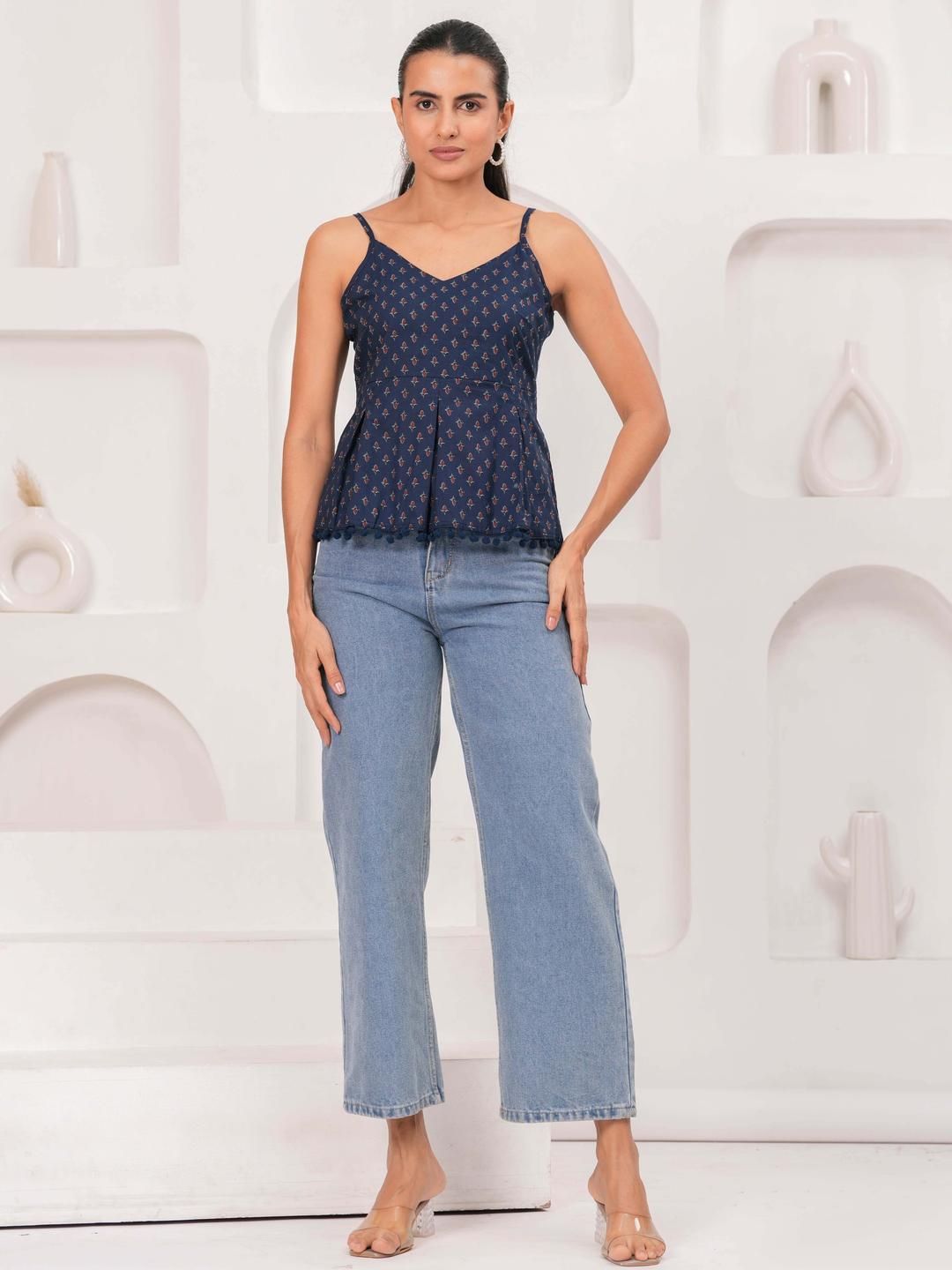 SZN Women Navy Blue Cotton Printed Tops-image-11