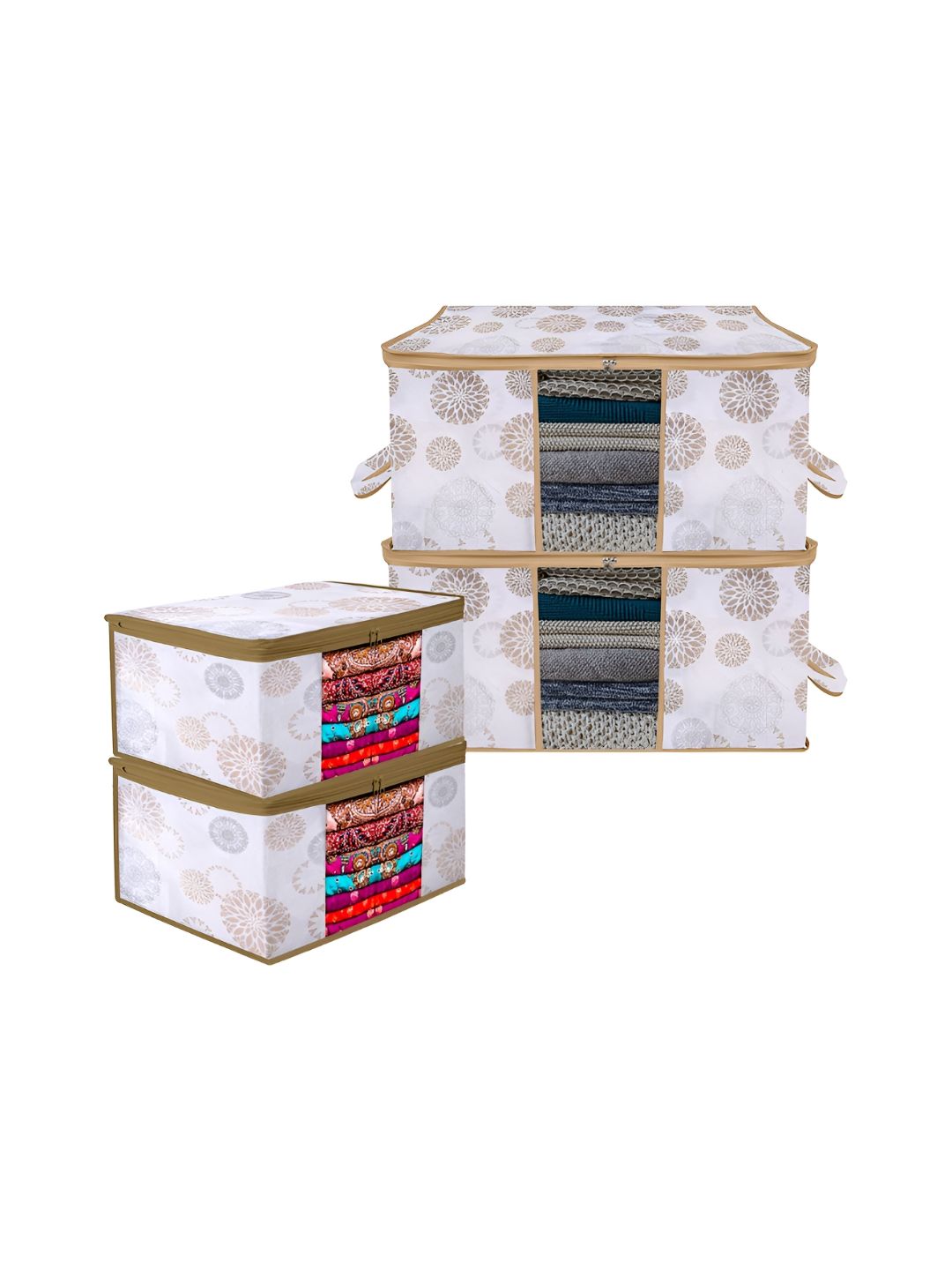 Aura White & Gold Toned 4 Pieces Printed Underbed Storage Bag & Saree Cover Organisers-picture-21