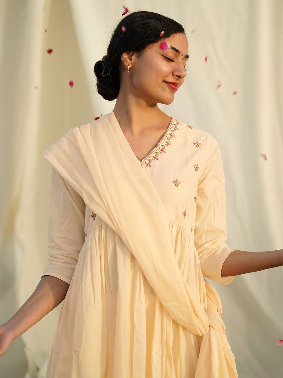 Janasya Women's Cream Pure Cotton Yoke Embroidered A-line Kurta Set
