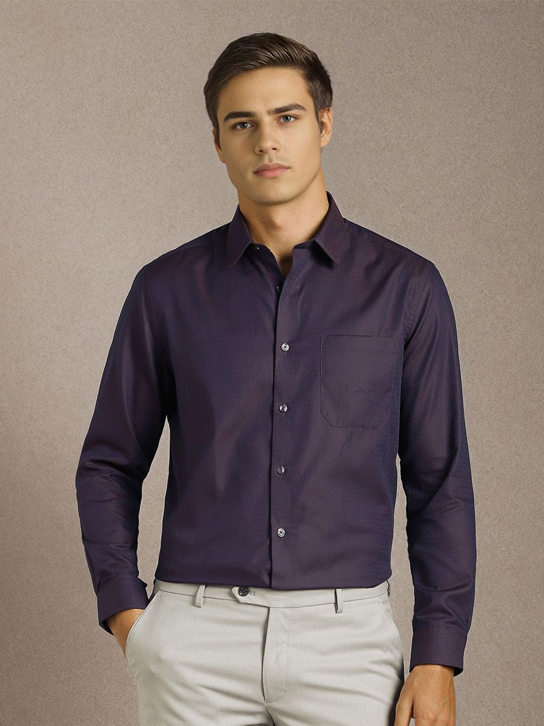 Louis Philippe Men Textured Spread Collar Pure Cotton Formal Shirt-picture-10