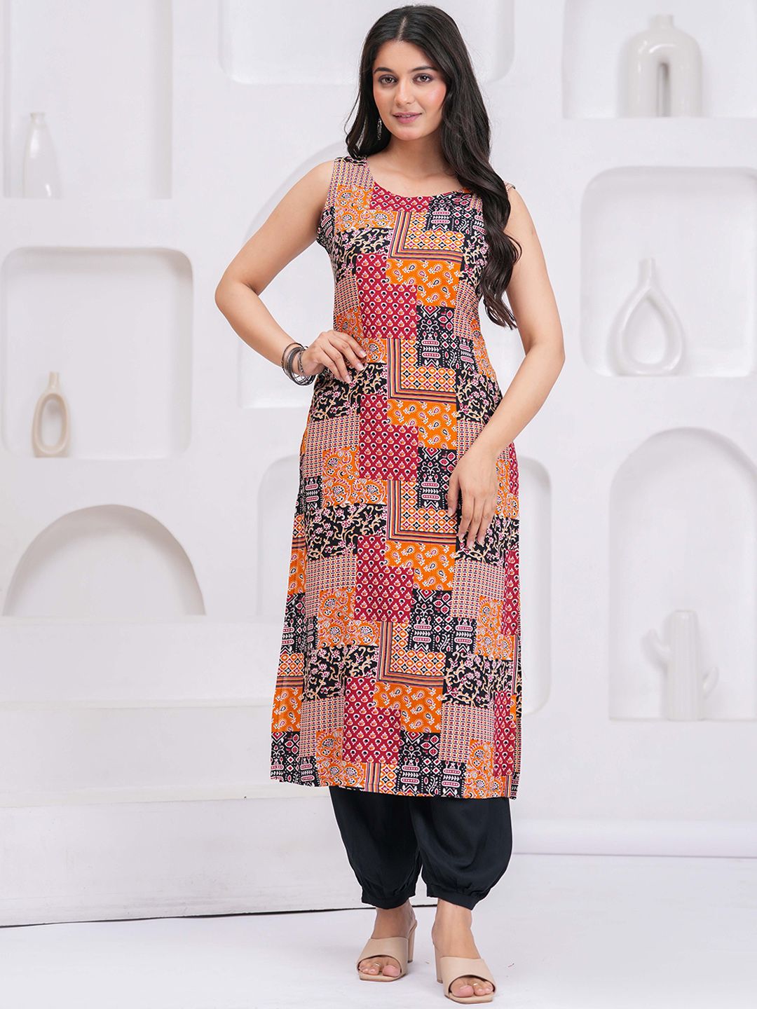 KALINI Ethnic Motifs Printed Sleeveless Straight Kurta With Harem Pants