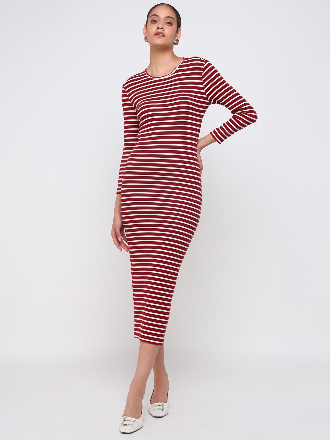 COVER STORY Women Striped Round Neck Cotton Bodycon Midi Dress-picture-36