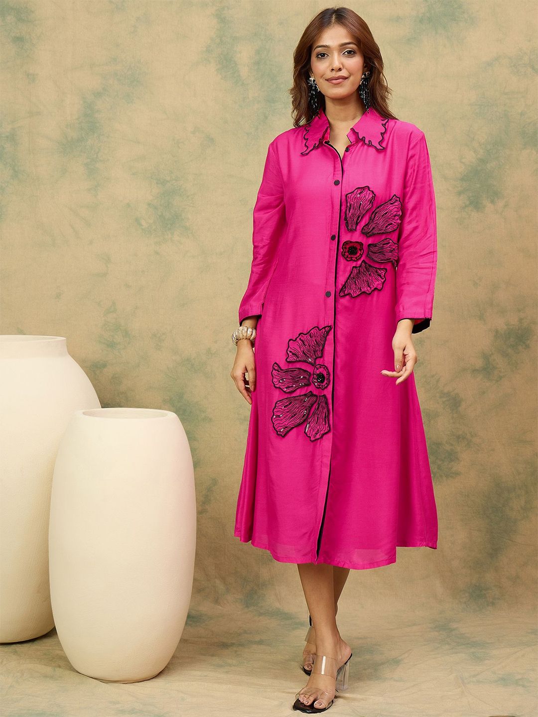 Varanga Floral Printed Shirt Collar A-Line Cotton Maxi Dress-picture-15