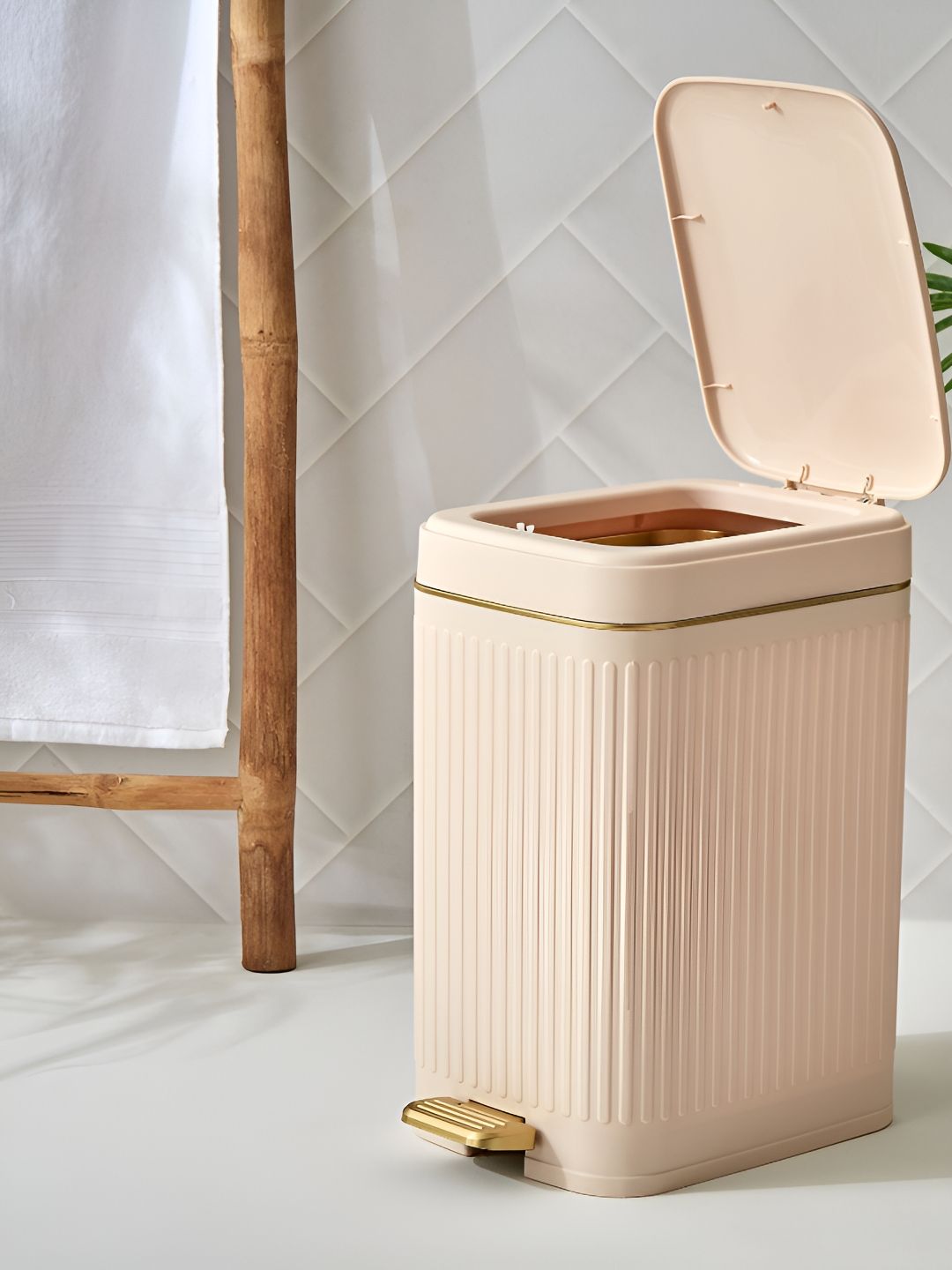 Home Centre Sedona Miller Beige & Gold Toned Pedal & Push Waste Bin - 14 L-image-18