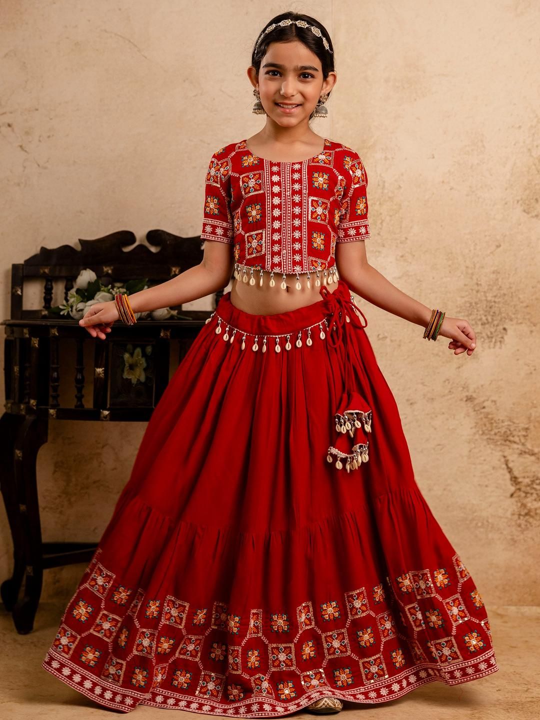 Sangria Girls Embroidered Ready to Wear Cotton Lehenga & Choli