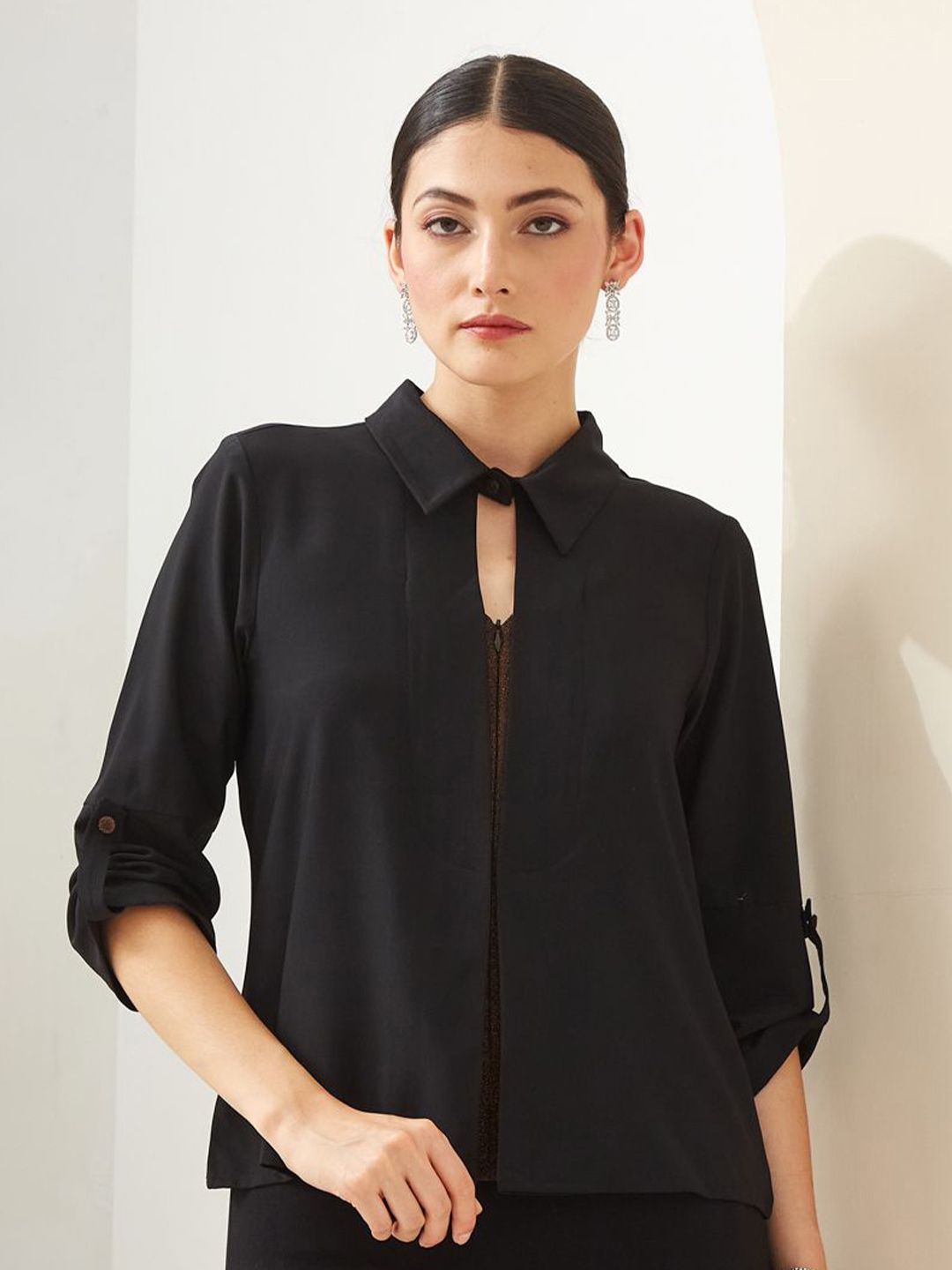 Latin Quarters Women Shirt Collar Roll-Up Sleeves Top-picture-13