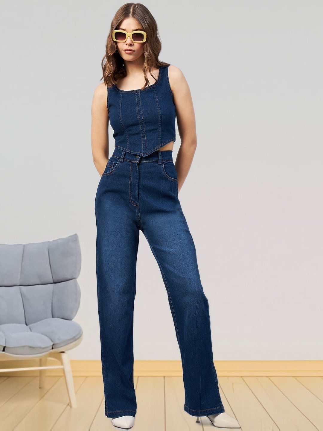 R.Code By The Roadster Life Co. Women Cotton Corset Denim Crop Top view 4