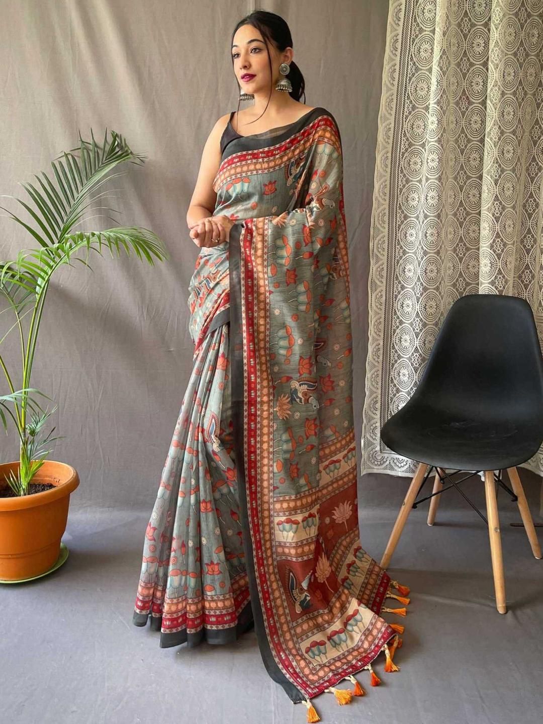 KALINI Green Printed Cotton Blend Sarees-image-3