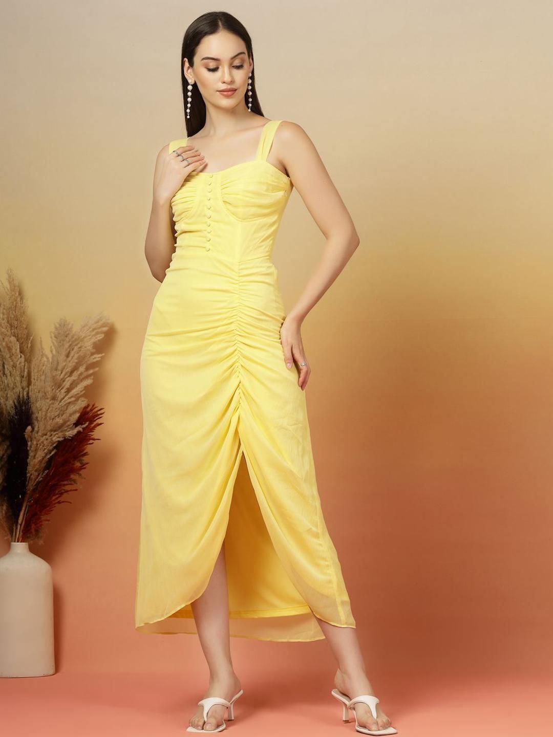 aayu Women Shoulder Straps Ruched Front Slits Sheath Midi Dress