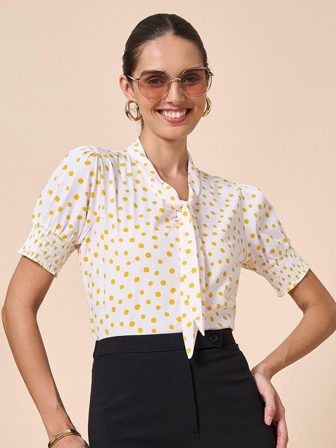 Style Quotient Women Polka Dot Printed Tie-Up Neck Top-picture-14