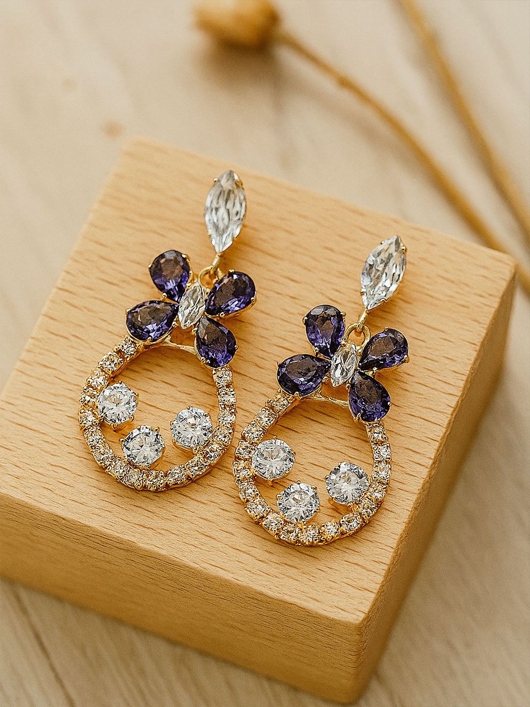 Bohey by KARATCART Gold-Plated American Diamond Studded Circular Shaped Drop Earrings-picture-21