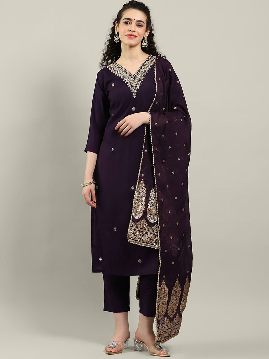 Meena Bazaar Women Floral Embroidered Regular Kurta with Trousers