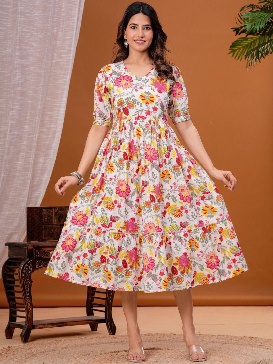 BAESD Floral Printed Puff Sleeves Pure Cotton Maternity Fit and Flare Midi Dress