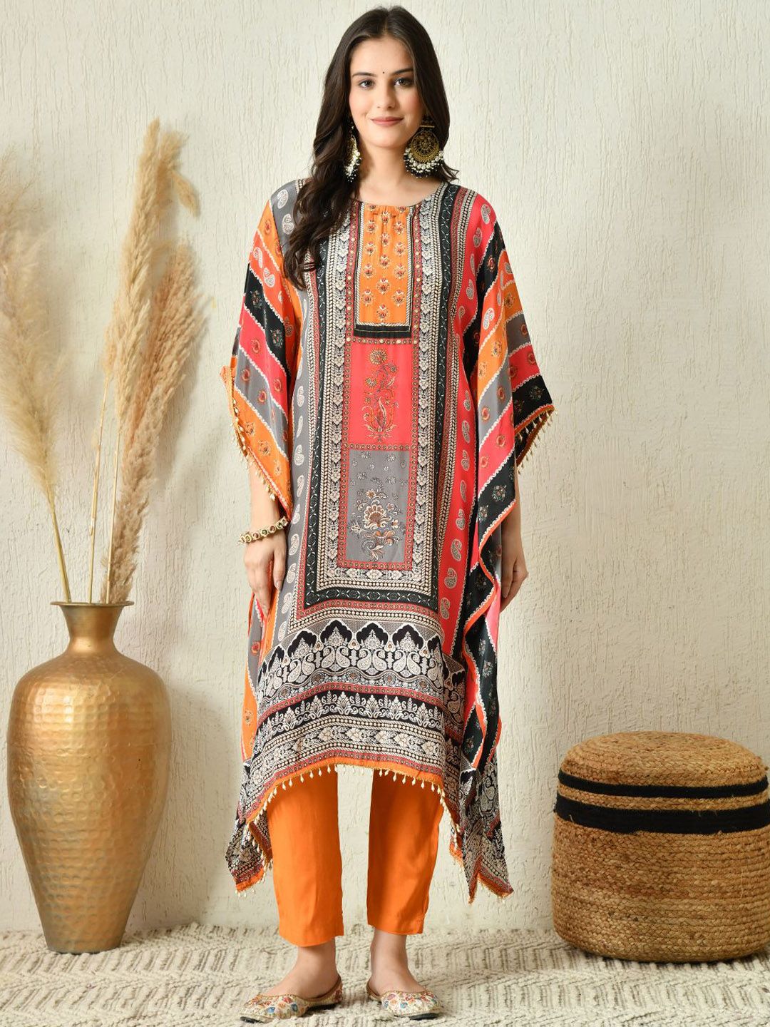 HARIKS Women Floral Printed Pure Cotton Kaftan Kurta With Trousers