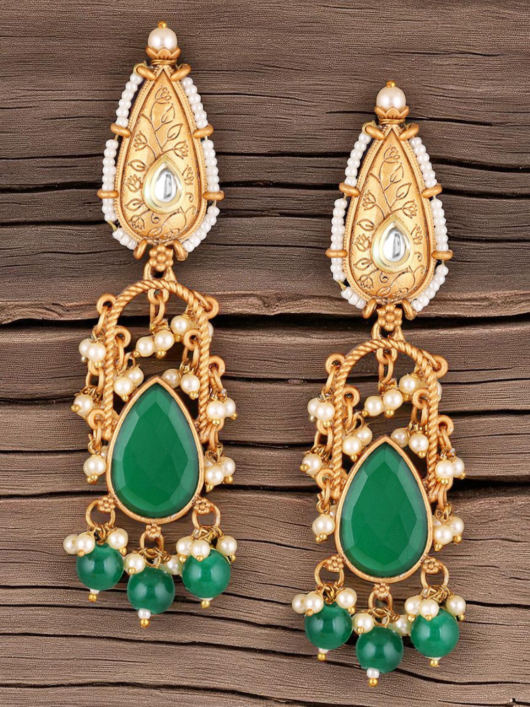 OOMPH Kundan Studded & Artificial Beaded Teardrop Shaped Drop Earrings-picture-38