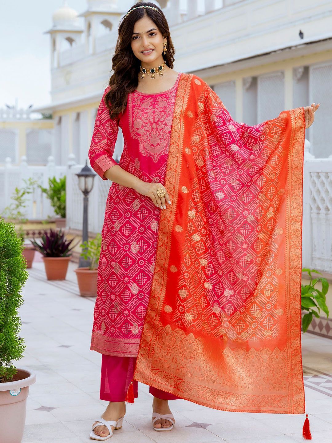Brand Hill Bandhani Woven Design Round Neck Zari Straight Kurta With Trousers & Dupatta