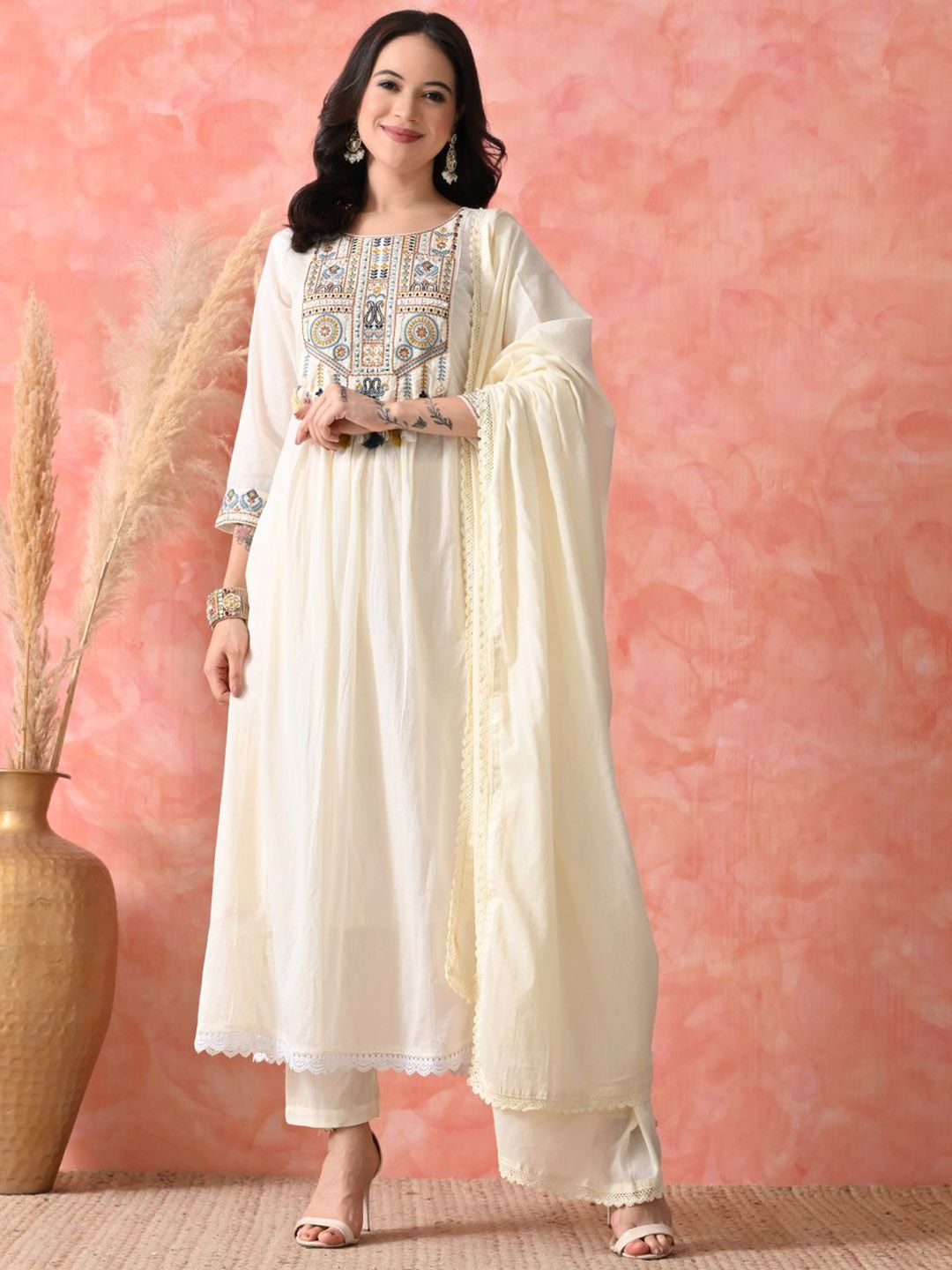 HARIKS Women Ethnic Motifs Embroidered Regular Pure Cotton Kurta with Trousers & Dupatta